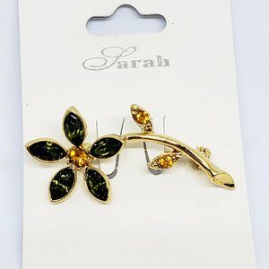 Sarah Green Marquise Crystal Flower Yellow Crystal Leaves Pin Brooch